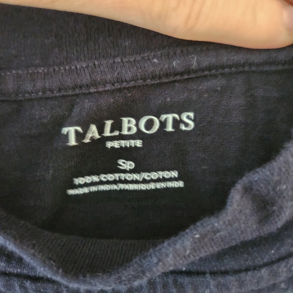 Talbots Petite Navy Blue Orange Striped Mock Neck Button Shoulder Top SP - Picture 3 of 6